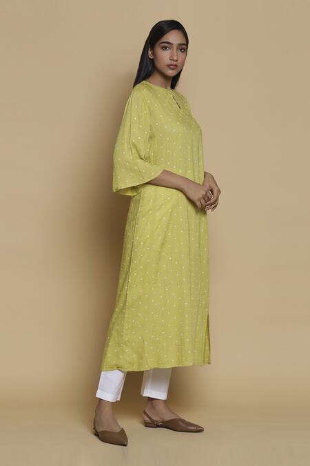 Abraham And Thakore Yellow Viscose Round Embroidered Long Kurta Online at Aza Fashions Abraham And Thakore_Yellow Viscose Round Embroidered Long Kurta_Online_at_Aza_Fashions