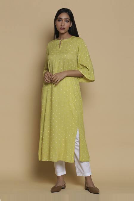 Buy Abraham And Thakore Yellow Viscose Round Embroidered Long Kurta Online at Aza Fashions Buy_Abraham And Thakore_Yellow Viscose Round Embroidered Long Kurta_Online_at_Aza_Fashions