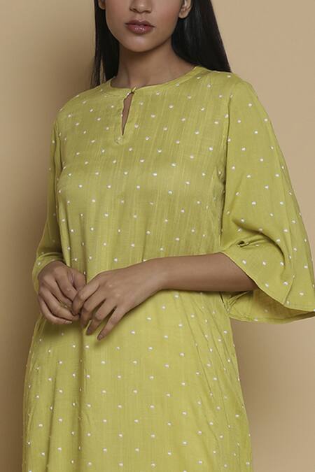 Abraham And Thakore Yellow Viscose Round Embroidered Long Kurta at Aza Fashions Abraham And Thakore_Yellow Viscose Round Embroidered Long Kurta_at_Aza_Fashions