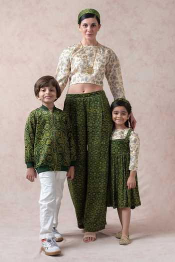 Shop_Thetaa_Green Modal, Satin, Polyester Ajrakh Print Frock With Crop Top _Online_at_Aza_Fashions