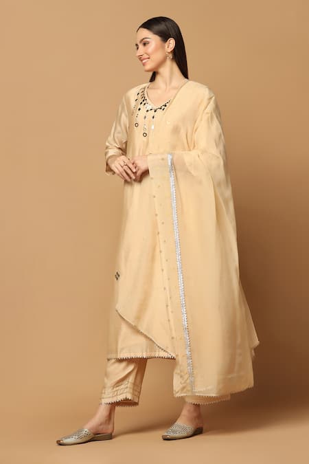 Buy Two Sisters By Gyans Beige Cotton, Chanderi Embroidery V-neck Kurta Set Online at Aza Fashions Buy_Two Sisters By Gyans_Beige Cotton, Chanderi Embroidery V-neck Kurta Set _Online_at_Aza_Fashions
