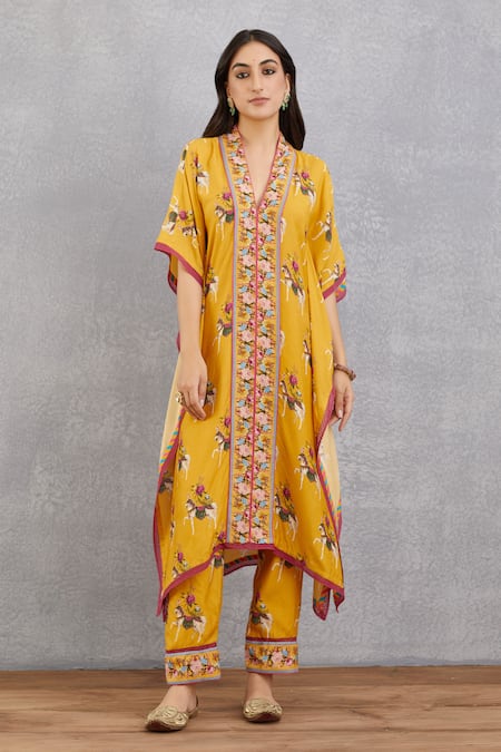 Torani Yellow Cotton Silk Embroidery V Neck Sunehra Aqsa Kaftan And Pant Set 