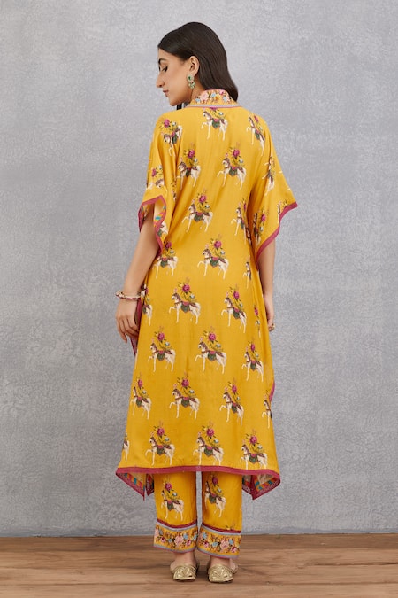 Shop Torani Yellow Cotton Silk, Handwoven Chanderi V Neck Sunehra Aqsa Kaftan And Pant Set at Aza Fashions Shop_Torani_Yellow Cotton Silk, Handwoven Chanderi V Neck Sunehra Aqsa Kaftan And Pant Set _at_Aza_Fashions