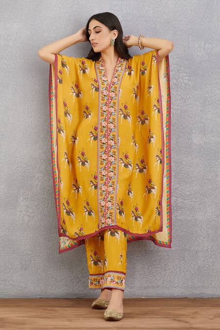 Torani Yellow Cotton Silk, Handwoven Chanderi V Neck Sunehra Aqsa Kaftan And Pant Set Online at Aza Fashions Torani_Yellow Cotton Silk, Handwoven Chanderi V Neck Sunehra Aqsa Kaftan And Pant Set _Online_at_Aza_Fashions