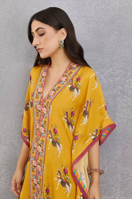 Buy Torani Yellow Cotton Silk, Handwoven Chanderi V Neck Sunehra Aqsa Kaftan And Pant Set Online at Aza Fashions Buy_Torani_Yellow Cotton Silk, Handwoven Chanderi V Neck Sunehra Aqsa Kaftan And Pant Set _Online_at_Aza_Fashions