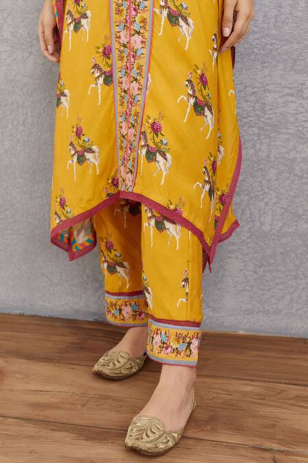 Shop Torani Yellow Cotton Silk, Handwoven Chanderi V Neck Sunehra Aqsa Kaftan And Pant Set Online at Aza Fashions Shop_Torani_Yellow Cotton Silk, Handwoven Chanderi V Neck Sunehra Aqsa Kaftan And Pant Set _Online_at_Aza_Fashions
