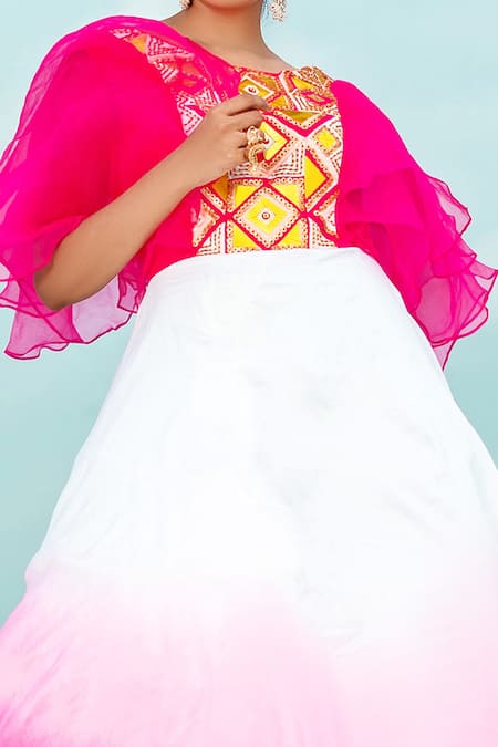 Xoxo Apurva White Silk Chanderi Organza Round Flared Gown Online at Aza Fashions Xoxo Apurva_White Silk Chanderi Organza Round Flared Gown _Online_at_Aza_Fashions