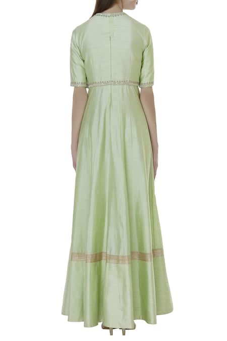 Shop Blue Lotus Design Green Raw Silk Sequin High Round Neck Embroidered Anarkali With Dupatta at Aza Fashions Shop_Blue Lotus Design_Green Raw Silk Sequin High Round Neck Embroidered Anarkali With Dupatta _at_Aza_Fashions