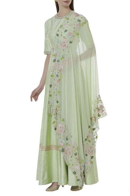 Blue Lotus Design Green Raw Silk Sequin High Round Neck Embroidered Anarkali With Dupatta Online at Aza Fashions Blue Lotus Design_Green Raw Silk Sequin High Round Neck Embroidered Anarkali With Dupatta _Online_at_Aza_Fashions