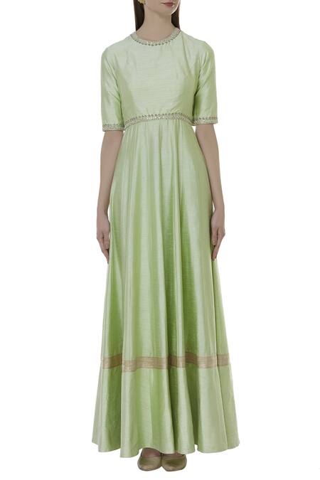 Buy Blue Lotus Design Green Raw Silk Sequin High Round Neck Embroidered Anarkali With Dupatta Online at Aza Fashions Buy_Blue Lotus Design_Green Raw Silk Sequin High Round Neck Embroidered Anarkali With Dupatta _Online_at_Aza_Fashions