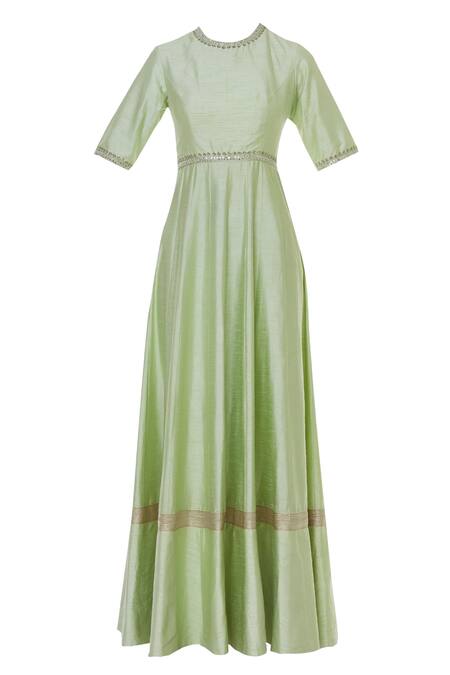 Shop Blue Lotus Design Green Raw Silk Sequin High Round Neck Embroidered Anarkali With Dupatta Online at Aza Fashions Shop_Blue Lotus Design_Green Raw Silk Sequin High Round Neck Embroidered Anarkali With Dupatta _Online_at_Aza_Fashions