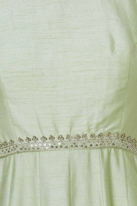 Blue Lotus Design Green Raw Silk Sequin High Round Neck Embroidered Anarkali With Dupatta at Aza Fashions Blue Lotus Design_Green Raw Silk Sequin High Round Neck Embroidered Anarkali With Dupatta _at_Aza_Fashions