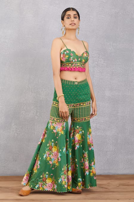 Torani Green Chanderi Sharara Voile, Crop Top And Sharara Cotton Panna Mehreen & Set Online at Aza Fashions Torani_Green Chanderi Sharara Voile, Crop Top And Sharara Cotton Panna Mehreen & Set _Online_at_Aza_Fashions