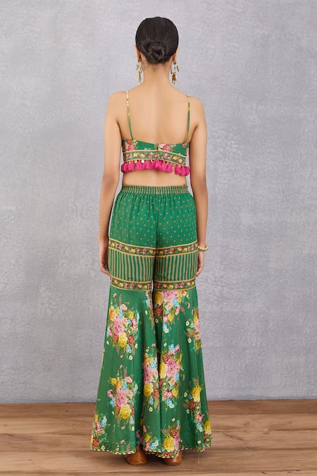 Buy Torani Green Chanderi Sharara Voile, Crop Top And Sharara Cotton Panna Mehreen & Set Online at Aza Fashions Buy_Torani_Green Chanderi Sharara Voile, Crop Top And Sharara Cotton Panna Mehreen & Set _Online_at_Aza_Fashions