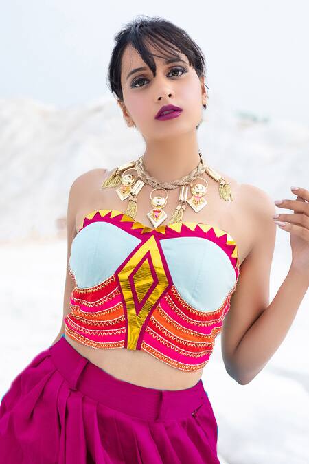 Shop Xoxo Apurva Multi Color Chanderi Sweetheart Neck Bandeau Crop Top at Aza Fashions Shop_Xoxo Apurva_Multi Color Chanderi Sweetheart Neck Bandeau Crop Top _at_Aza_Fashions