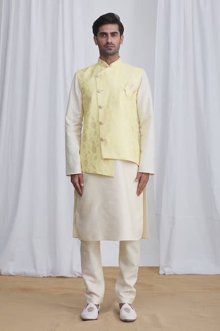 Arihant Rai Sinha_Yellow Silk Embroidery Floral Asymmetric Bundi _Online_at_Aza_Fashions