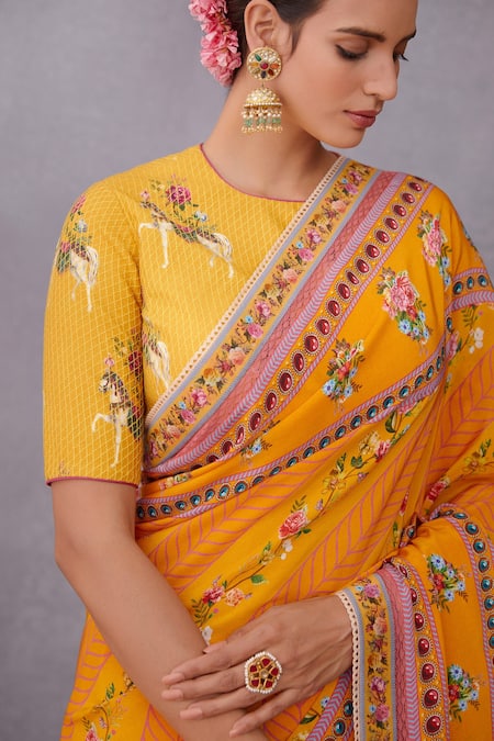 Buy_Torani_Yellow Pure Cotton Silk Round Sunehra Aashvani Blouse _Online_at_Aza_Fashions