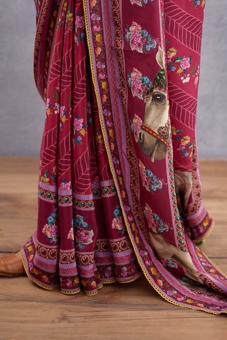 Shop_Torani_Red Crepe , Handwoven Chanderi, Pure Cotton Manika Aashvani Saree _Online_at_Aza_Fashions
