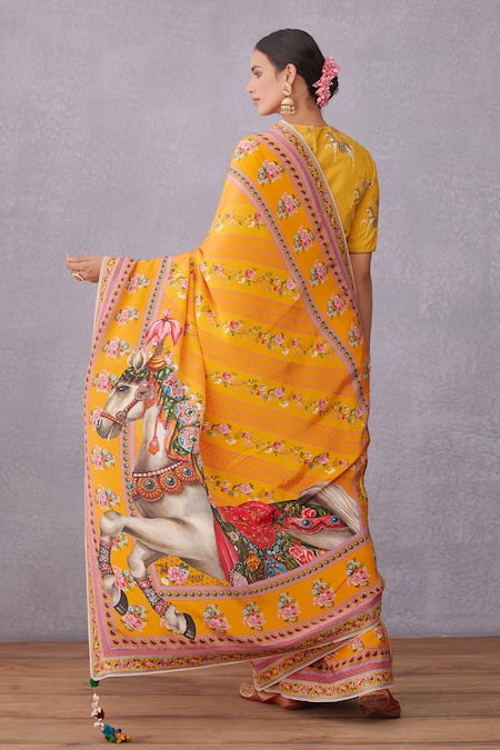 Shop_Torani_Yellow Crepe , Handwoven Chanderi, Pure Cotton Sunehra Aashvani Saree _at_Aza_Fashions