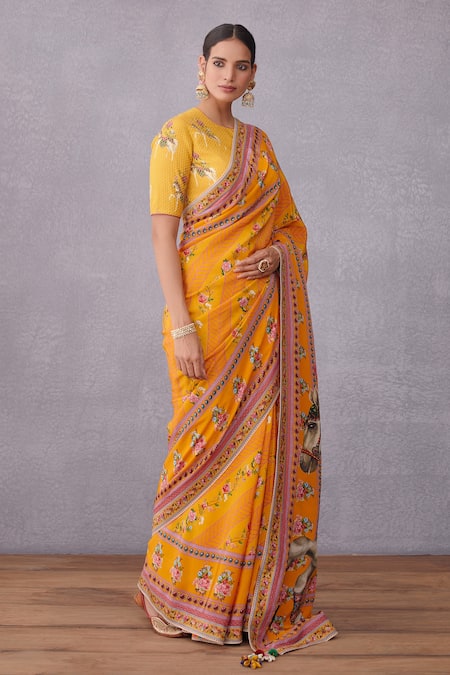 Torani_Yellow Crepe , Handwoven Chanderi, Pure Cotton Sunehra Aashvani Saree _Online_at_Aza_Fashions