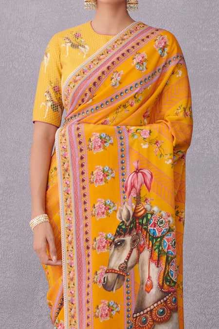 Shop_Torani_Yellow Crepe , Handwoven Chanderi, Pure Cotton Sunehra Aashvani Saree _Online_at_Aza_Fashions
