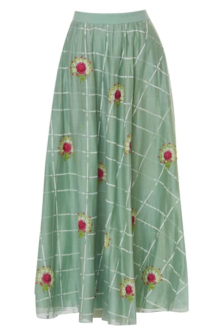 Shop_Yogita Kadam_Green Silk Chanderi Round Neck Blouse And Skirt Set _Online_at_Aza_Fashions