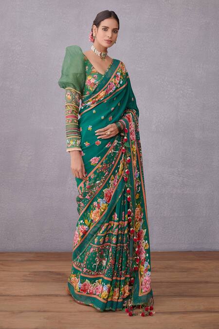 Torani_Green Crepe , Kota Doria, Pure Cotton Panna Mahnoor Saree _Online_at_Aza_Fashions