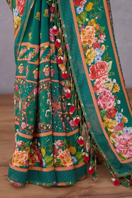 Shop_Torani_Green Crepe , Kota Doria, Pure Cotton Panna Mahnoor Saree _Online_at_Aza_Fashions