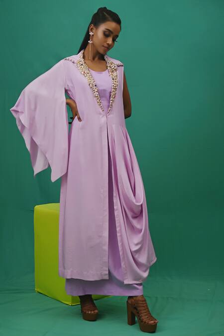 Xoxo Apurva_Purple Crepe Lapel Draped Dress With Mask _Online_at_Aza_Fashions
