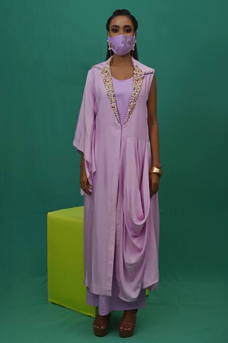 Buy_Xoxo Apurva_Purple Crepe Lapel Draped Dress With Mask _Online_at_Aza_Fashions
