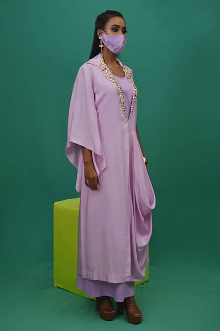 Shop_Xoxo Apurva_Purple Crepe Lapel Draped Dress With Mask _Online_at_Aza_Fashions