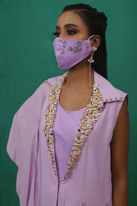 Xoxo Apurva_Purple Crepe Lapel Draped Dress With Mask _at_Aza_Fashions