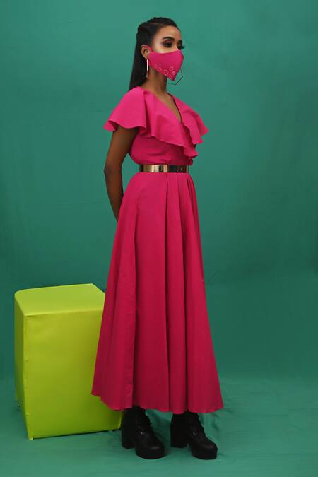 Xoxo Apurva_Pink Cotton Satin V Neck Flared Dress With Mask _Online_at_Aza_Fashions