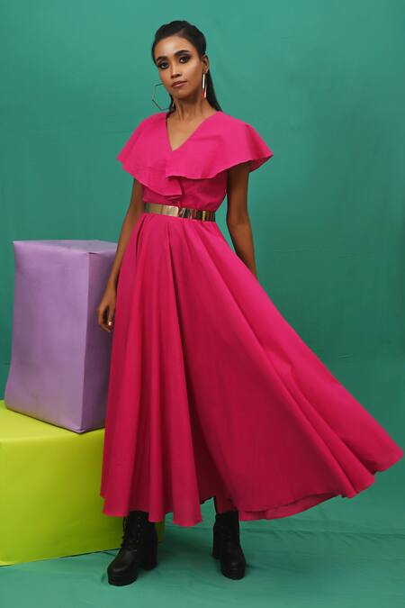 Buy_Xoxo Apurva_Pink Cotton Satin V Neck Flared Dress With Mask _Online_at_Aza_Fashions