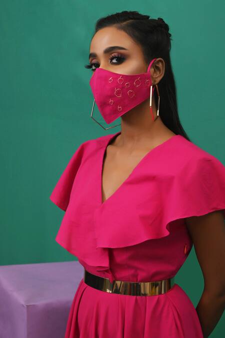 Xoxo Apurva_Pink Cotton Satin V Neck Flared Dress With Mask _at_Aza_Fashions