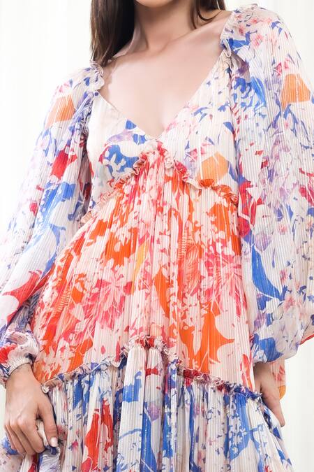 Buy_Mandira Wirk Resort_Multi Color Georgette, Lurex V-neck Block Tiered Dress _Online_at_Aza_Fashions