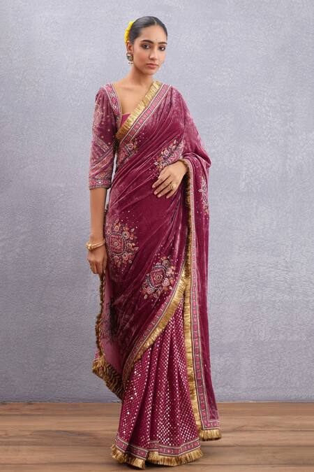 Buy_Torani_Red Georgette, Cotton , Velvet Manika Agahni Saree_Online_at_Aza_Fashions