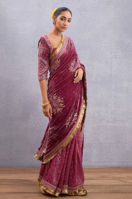 Torani_Red Georgette, Cotton , Velvet Manika Agahni Saree_Online_at_Aza_Fashions