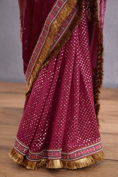 Shop_Torani_Red Georgette, Cotton , Velvet Manika Agahni Saree_Online_at_Aza_Fashions