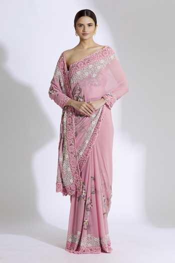 Anamika Khanna_Pink Embroidered Saree With Blouse Fabric_Online_at_Aza_Fashions
