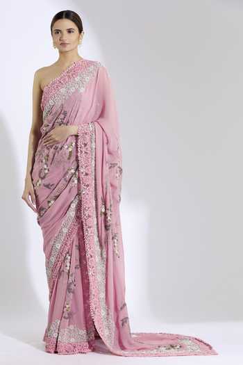Buy_Anamika Khanna_Pink Embroidered Saree With Blouse Fabric_Online_at_Aza_Fashions