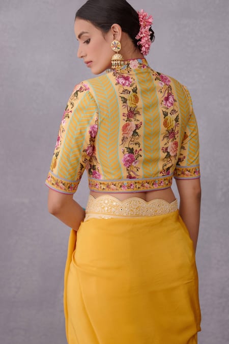 Shop Torani Yellow Handwoven Chanderi, Pure Cotton Silk Mandarin Collar Sunehra Dhiya Blouse at Aza Fashions Shop_Torani_Yellow Handwoven Chanderi, Pure Cotton Silk Mandarin Collar Sunehra Dhiya Blouse _at_Aza_Fashions