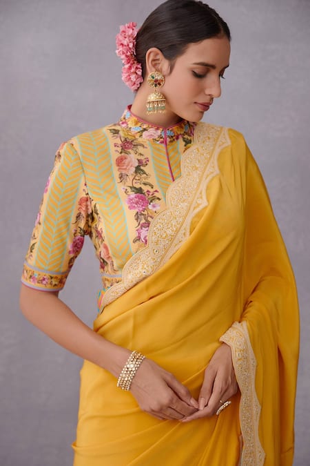 Buy Torani Yellow Handwoven Chanderi, Pure Cotton Silk Mandarin Collar Sunehra Dhiya Blouse Online at Aza Fashions Buy_Torani_Yellow Handwoven Chanderi, Pure Cotton Silk Mandarin Collar Sunehra Dhiya Blouse _Online_at_Aza_Fashions