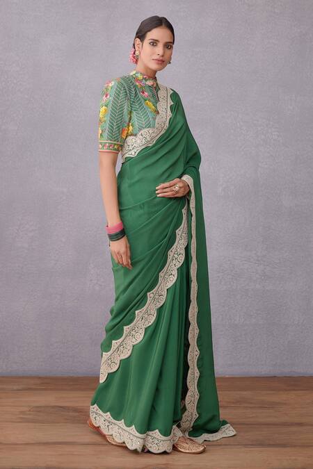 Torani_Green Original Crepe, Pure Cotton Panna Dhiya Saree _Online_at_Aza_Fashions