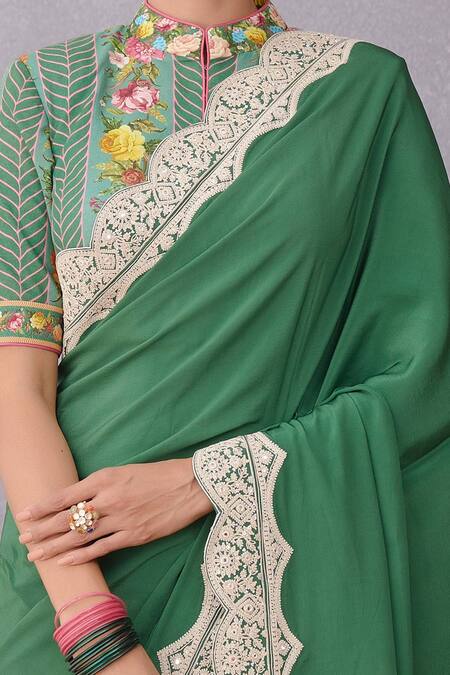 Shop_Torani_Green Original Crepe, Pure Cotton Panna Dhiya Saree _Online_at_Aza_Fashions