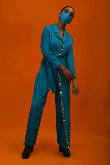Buy_Xoxo Apurva_Blue Cotton Satin Lapel Wrap Jumpsuit With Mask _Online_at_Aza_Fashions