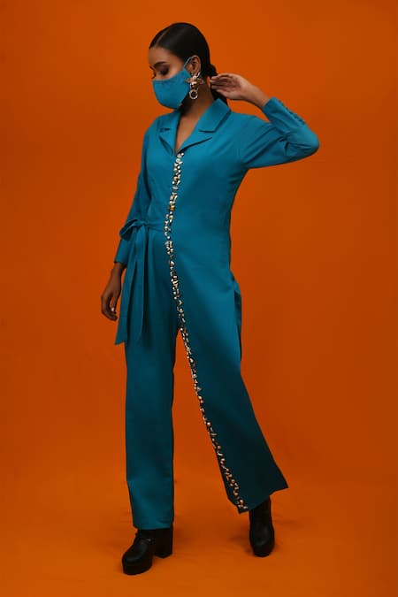 Shop_Xoxo Apurva_Blue Cotton Satin Lapel Wrap Jumpsuit With Mask _Online_at_Aza_Fashions