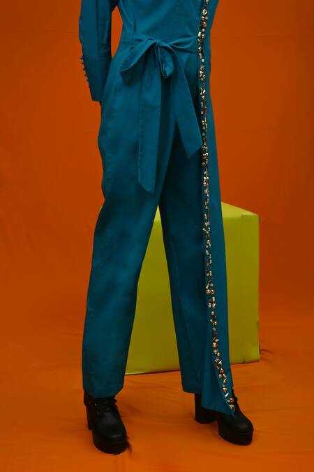 Xoxo Apurva_Blue Cotton Satin Lapel Wrap Jumpsuit With Mask _at_Aza_Fashions
