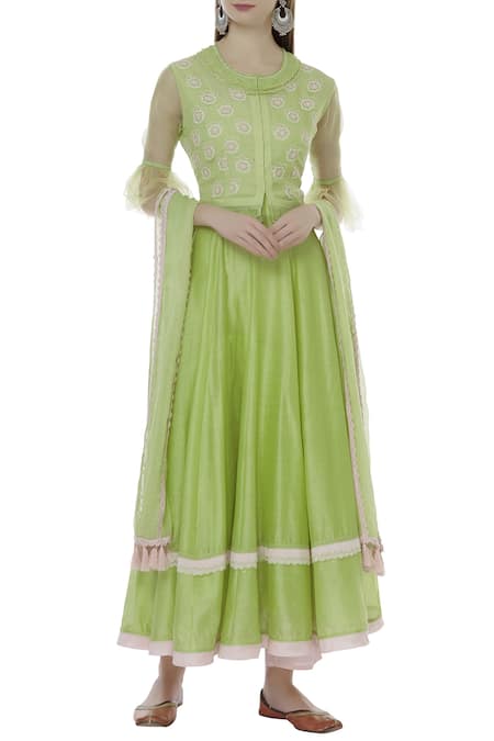 House of Kotwara Green Chanderi Round Anarkali And Jacket Set  