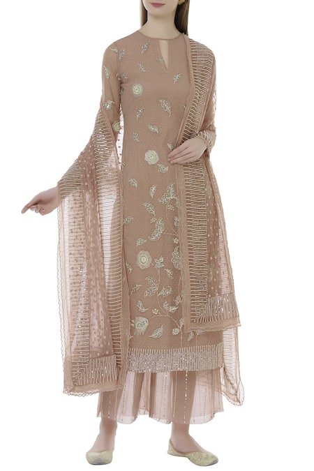 House of Kotwara Pink Net Round Embroidered Straight Kurta Set  